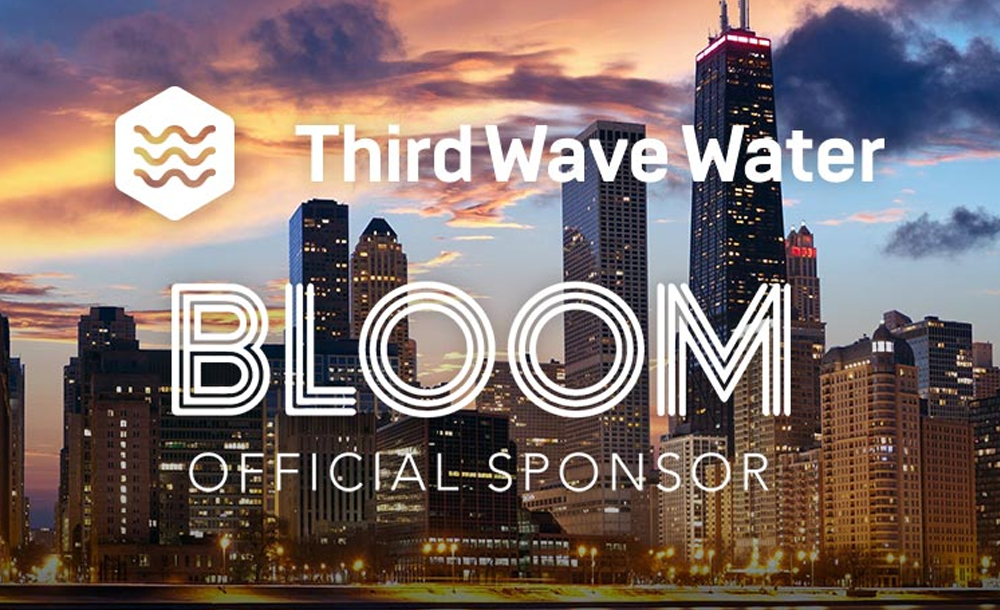 City skyline with Third Wave Water and Bloom branding