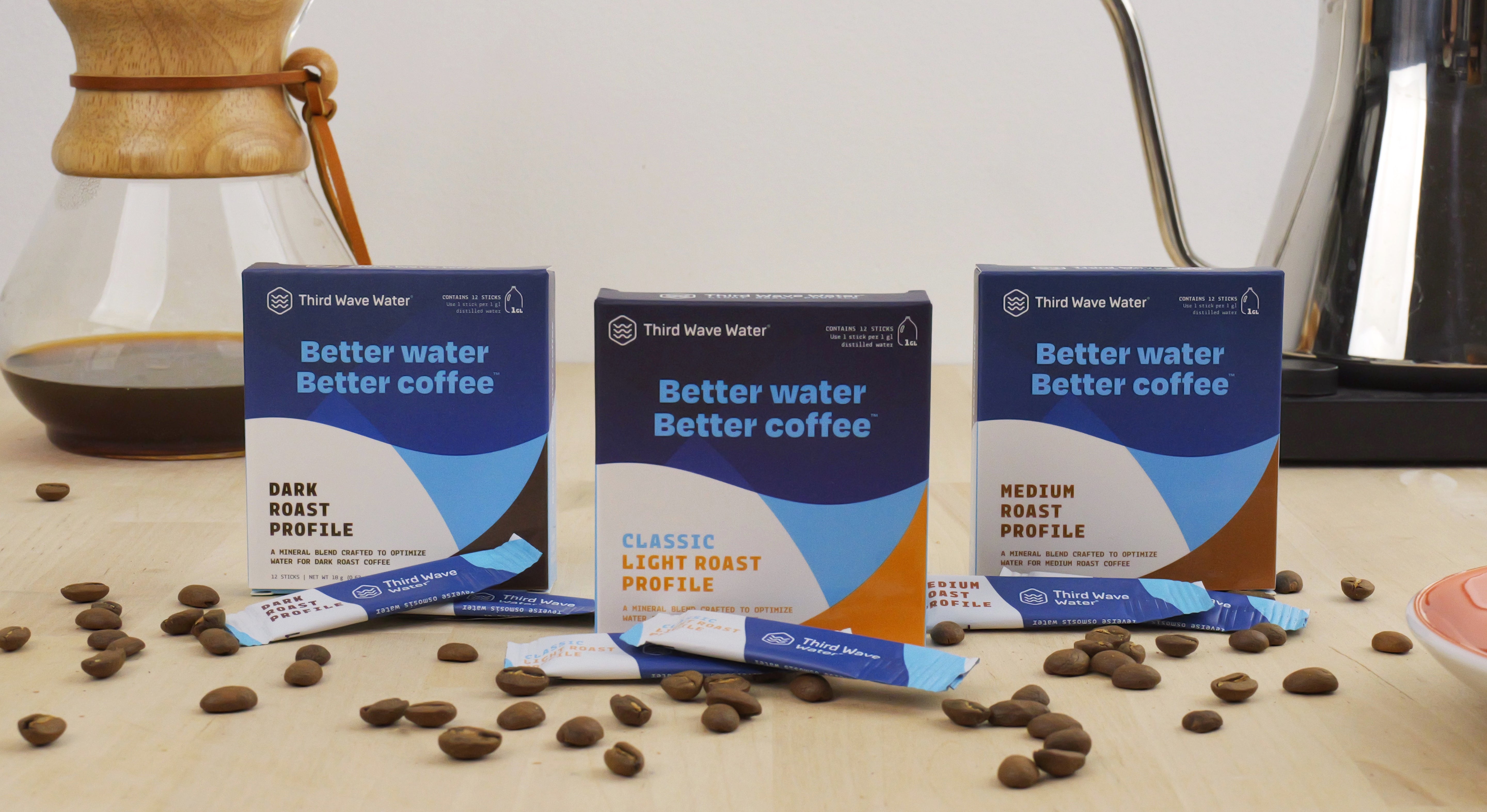 Three boxes of Third Wave Water with individual stick packages and coffee beans on a table with a coffee pitcher in the background