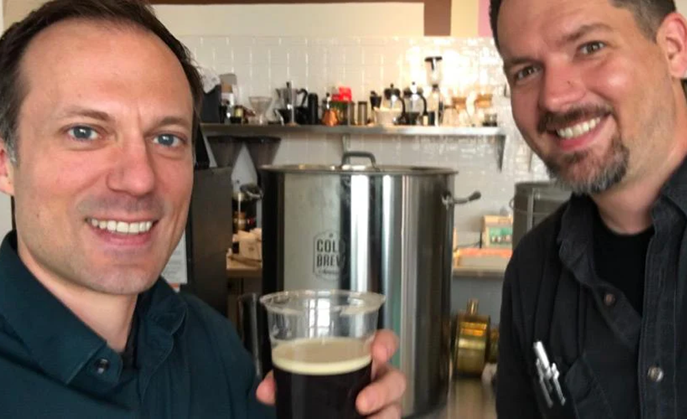 Charles and Taylor having coffee