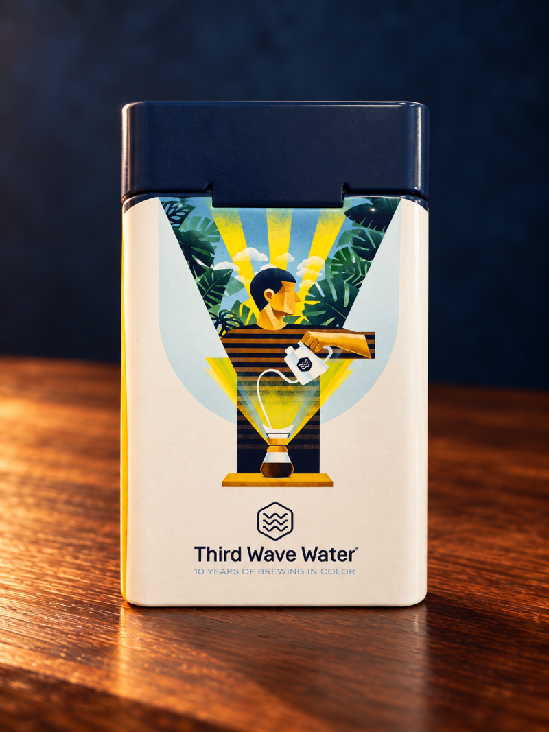 A rectangular metal tin of Third Wave Water coffee sits on a wooden table against a dark blue background. The tin has a cream-colored body with a colorful graphic of a person in a martini glass and a dark navy lid.