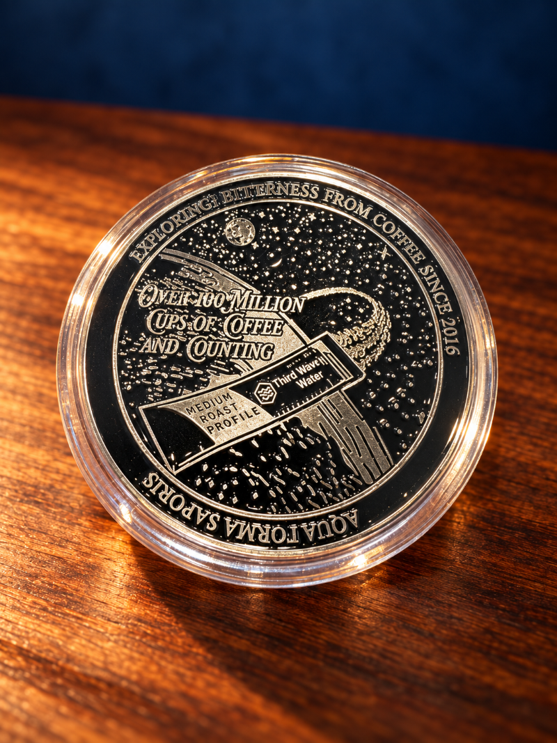 A round black-and-silver commemorative coin or medallion in a clear protective case, resting on a polished wooden surface with a dark blue background.