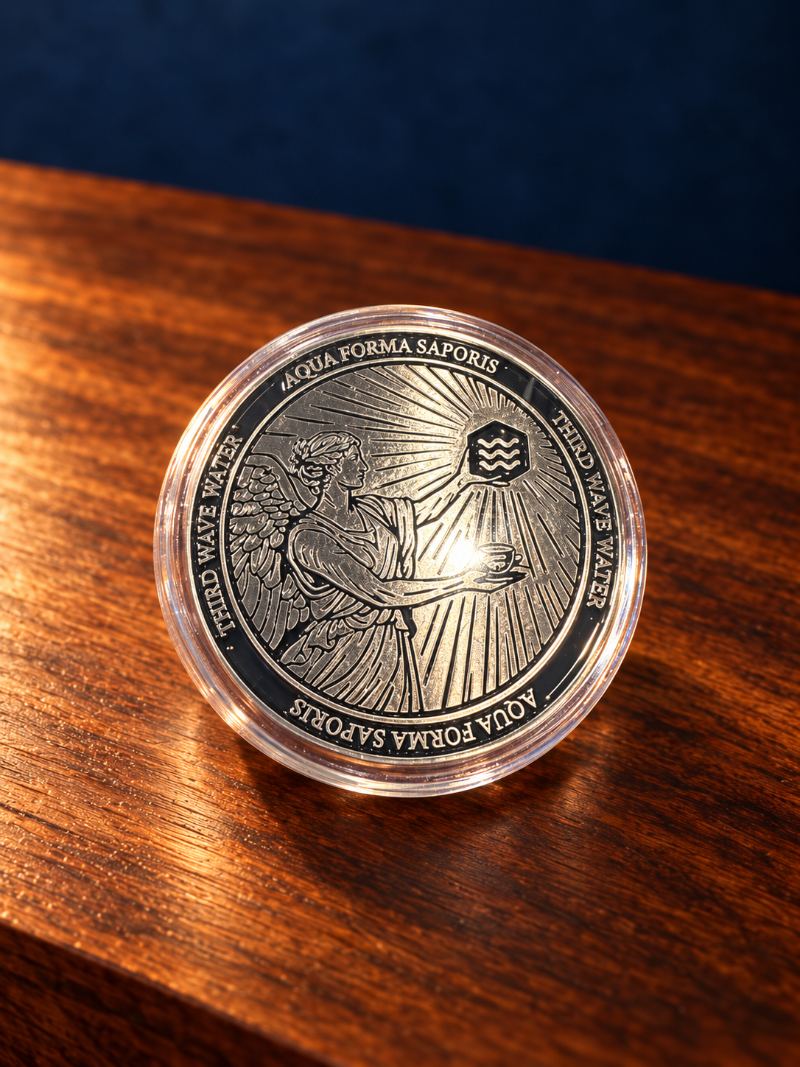 A round silver-toned coin or medallion with engraved artwork and text, displayed inside a clear protective case on a polished wooden surface against a dark blue background.
