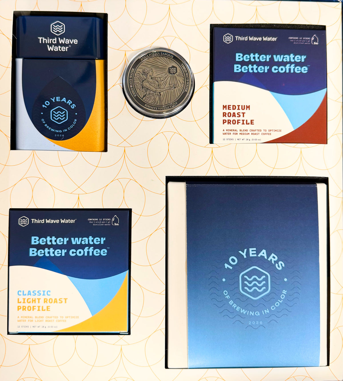 Three Wave Water coffee packaging set featuring two boxes of coffee with different roast profiles, a round metal tin and a coin on a patterned cream background.