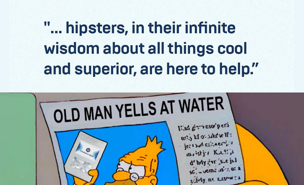 Cartoon character holding a newspaper with text about hipsters and water, on a light blue background.